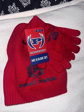 Phat Farm Red Beanie and Gloves Set